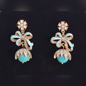Vintage Style Gold Tone Crystal and Turquoise Bow Earrings